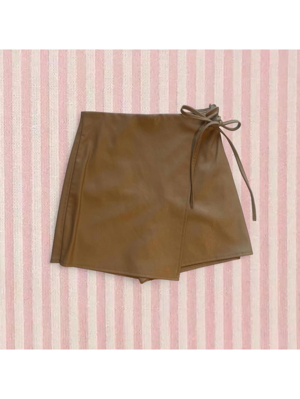 brown faux leather side tie bow mini skirt skort